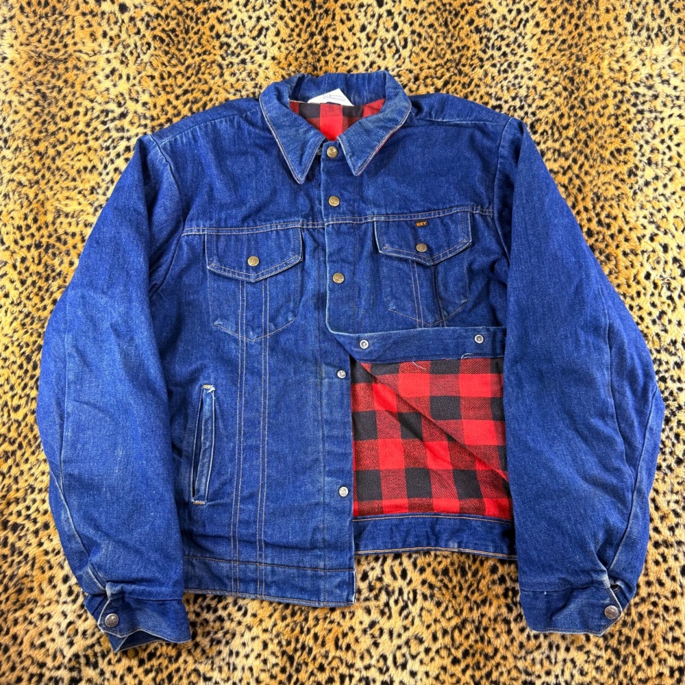 Vintage 70s Key Imperial Denim Trucker Jacket Flannel Lined Blue Red Plaid